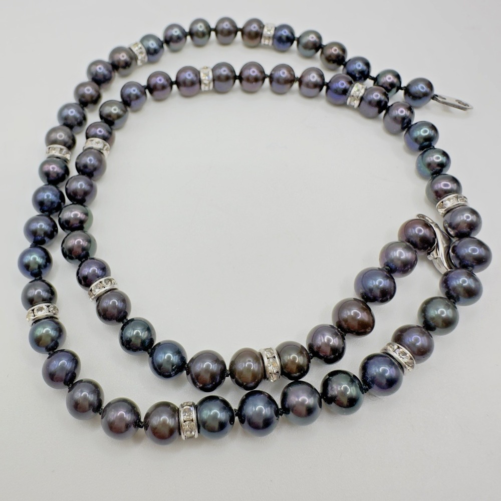 Danbury Mint Black Pearl Necklace "Midnight Spell" Rhinestone Accent 18" 925